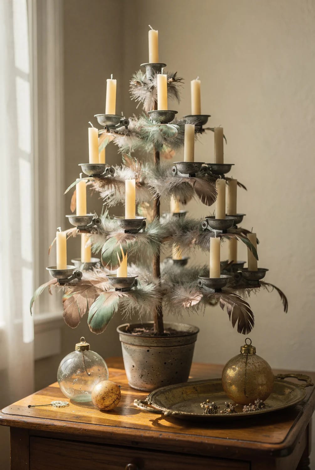 Antique feather Christmas tree decorated with numerous unlit cream candles in metal clip-on holders, displayed in a ceramic pot on a wooden table with ornaments and a tray