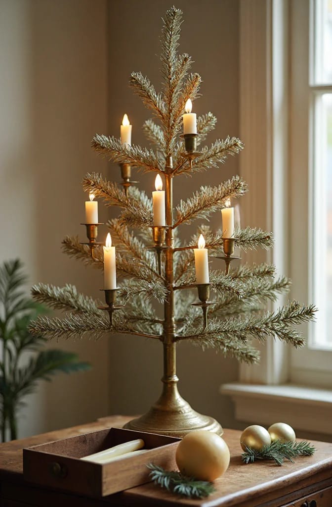 Antique feather Christmas tree displayed on a brass pedestal with multiple clip-on candles, some visibly lit, beside a wooden box, ornaments, and evergreen sprigs