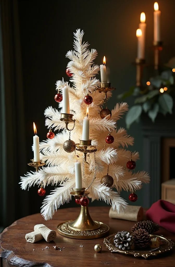 White feather Christmas tree decorated with red and gold ornaments and several lit clip-on candles, displayed on a brass stand atop a wooden table.