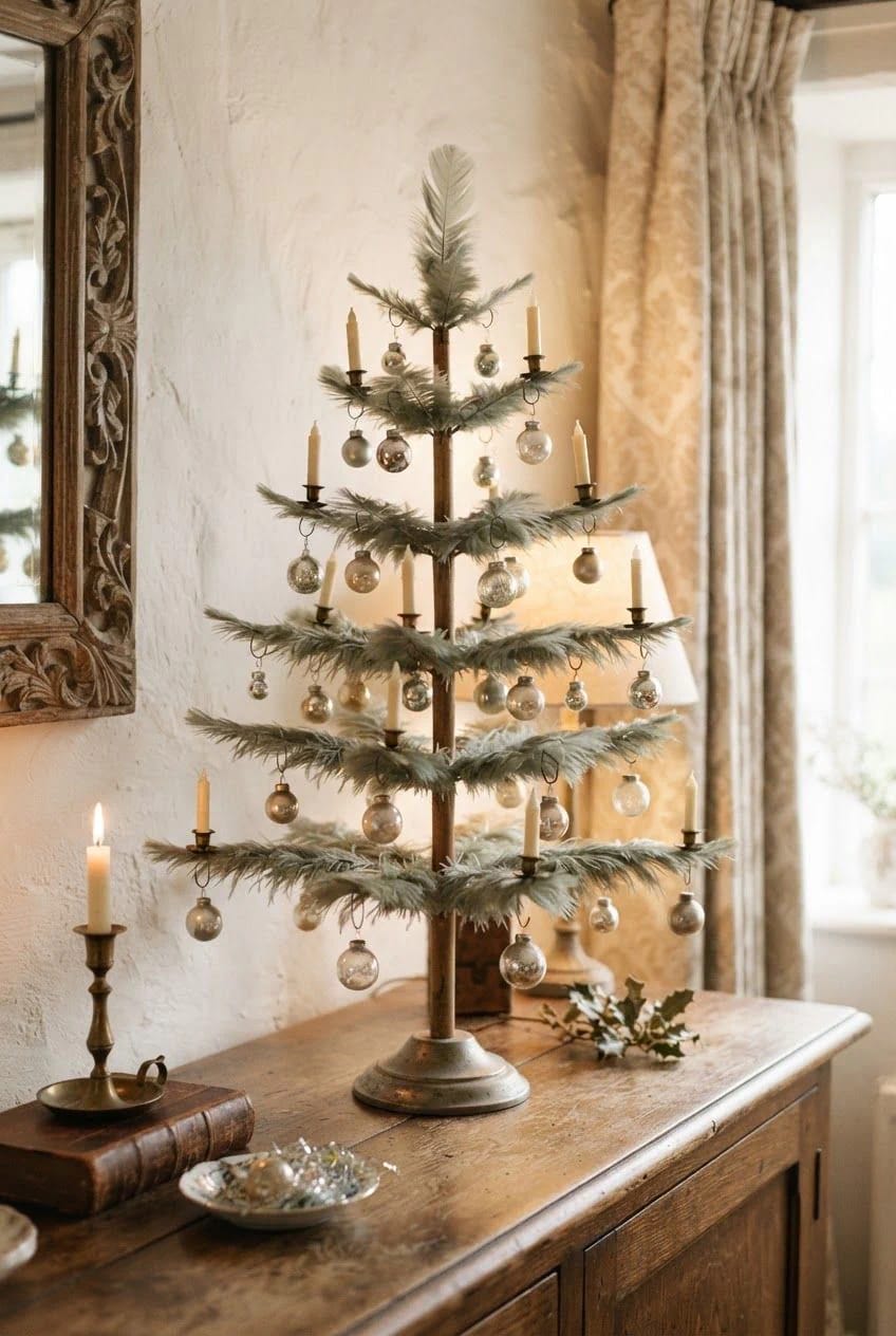 Antique feather Christmas tree displayed on a wooden sideboard, decorated with silver baubles and unlit clip-on candles, beside a mirror and window