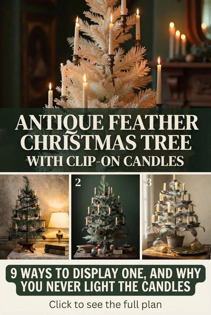 Promotional collage featuring an antique feather Christmas tree with clip-on candles, three smaller tree display examples, and text about nine ways to display one and why the candles should never be lit