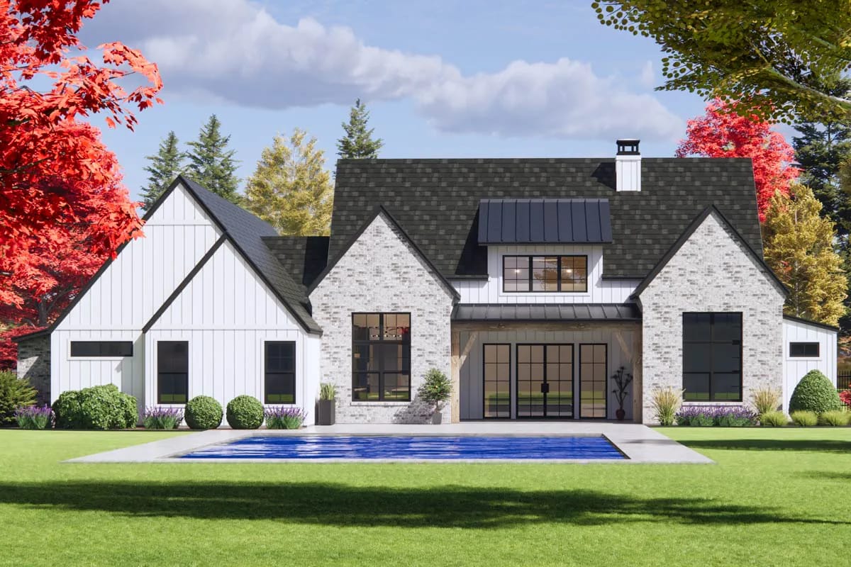 4-Bedroom Modern Farmhouse House Plan with a Vaulted Great Room and Bonus Room (2,877 Sq. Ft. Floor Plan) 15 back porch, eleven feet deep, under a glazed dormer 1