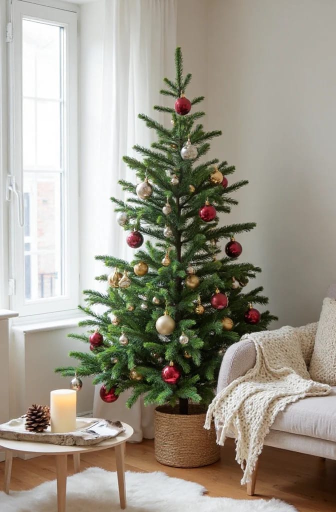 Small Apartment Christmas Tree Ideas for a Slim or Tabletop Tree That Doesn't Look Like a Compromise 13 big ornaments on a narrow tree, and about half as many 1