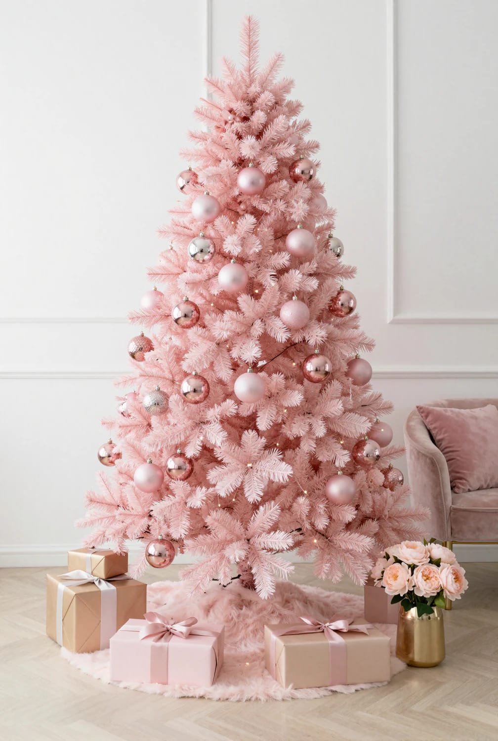 9 Monochrome Christmas Tree Themes for a Single-Color Tree That Still Looks Finished 20 blush pink trees work at bigger ornament sizes, not busier ones 1