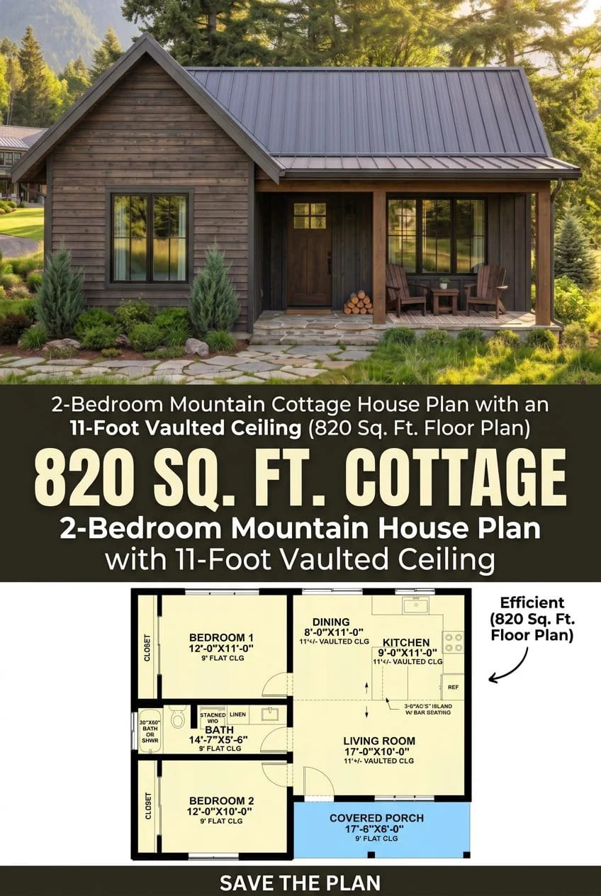 2-Bedroom Mountain Cottage House Plan with an 11-Foot Vaulted Ceiling (820 Sq. Ft. Floor Plan) 3 both bedrooms sit on the same side and share the only bathroom 1