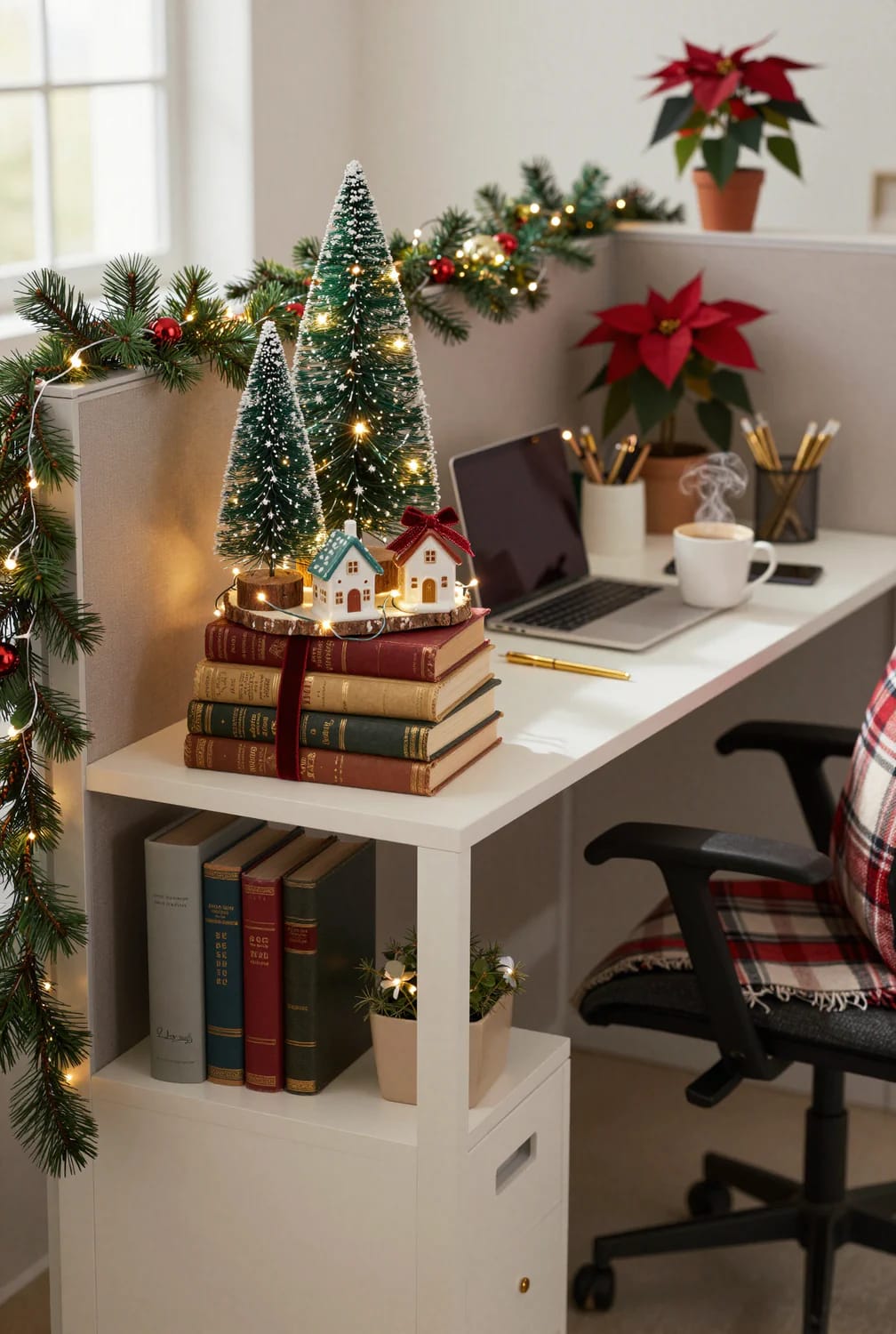 build the bottle-brush village on a book stack, not on the desk itself 1
