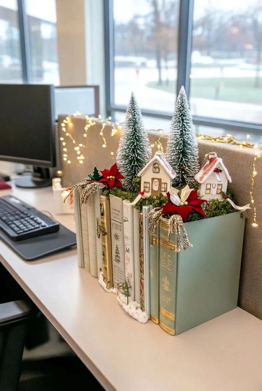 build the bottle-brush village on a book stack, not on the desk itself 1