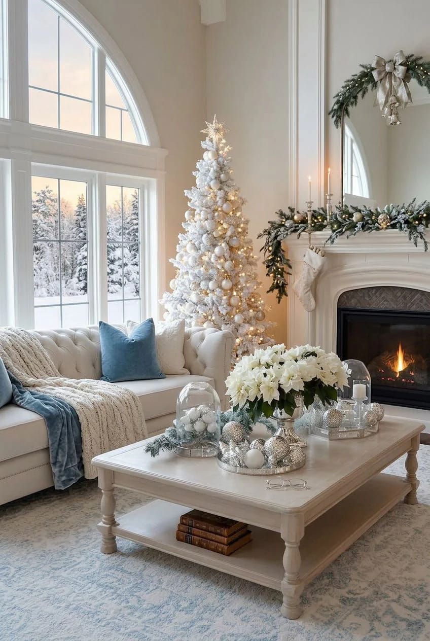 Icy Blue and White Winter Wonderland Christmas Decor Ideas That Skip the Glitter 3 build the room in three whites, then add one narrow band of blue 1