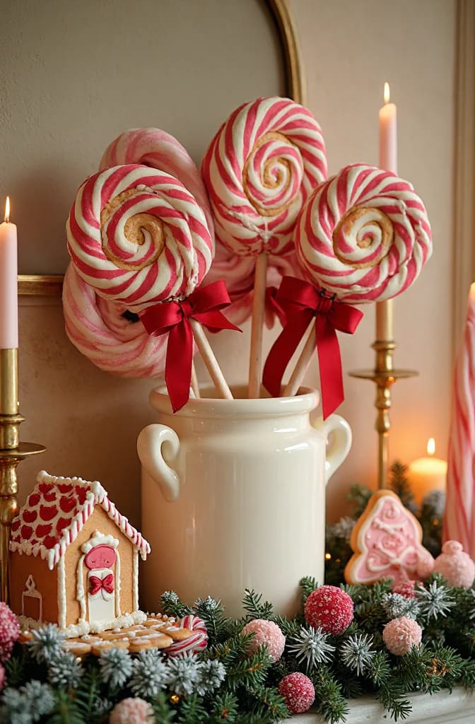 Christmas mantel display featuring oversized red-and-white swirled lollipops tied with red bows in a white pitcher, surrounded by frosted greenery, red and pink ornaments, a gingerbread house, and lit candles.