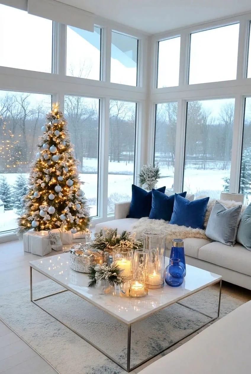 Icy Blue and White Winter Wonderland Christmas Decor Ideas That Skip the Glitter 8 choose frosted, matte and mercury finishes over glitter 1