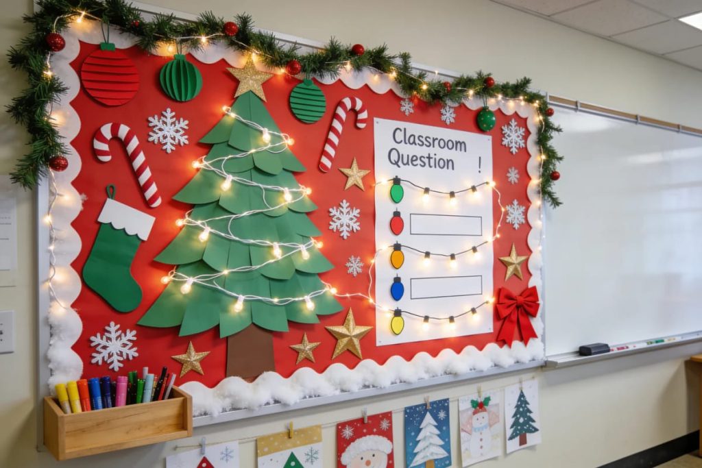 Lovely Harbor 27 Christmas bulletin board in a classroom decorated with a paper Christmas tree, ornaments, candy canes, stocking, snowflakes, stars, string lights, and a Classroom Question display