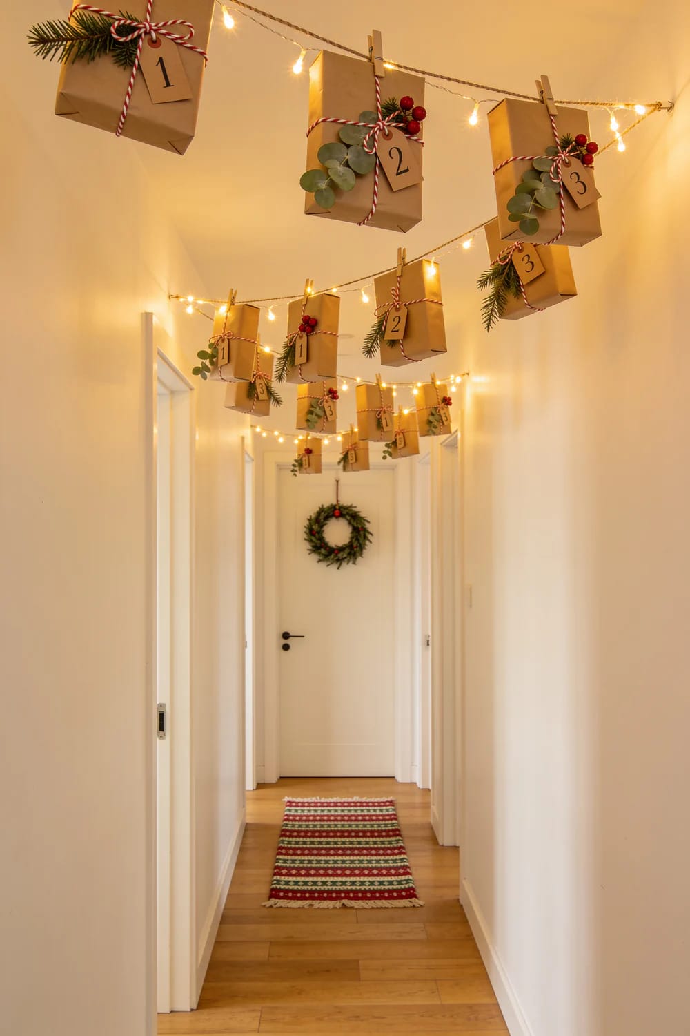 A narrow hallway decorated for Christmas with string lights and small numbered gift boxes hanging from the ceiling, each adorned with greenery and festive accents, illustrating creative Christmas hallway ceiling decor ideas for spaces with low ceilings.