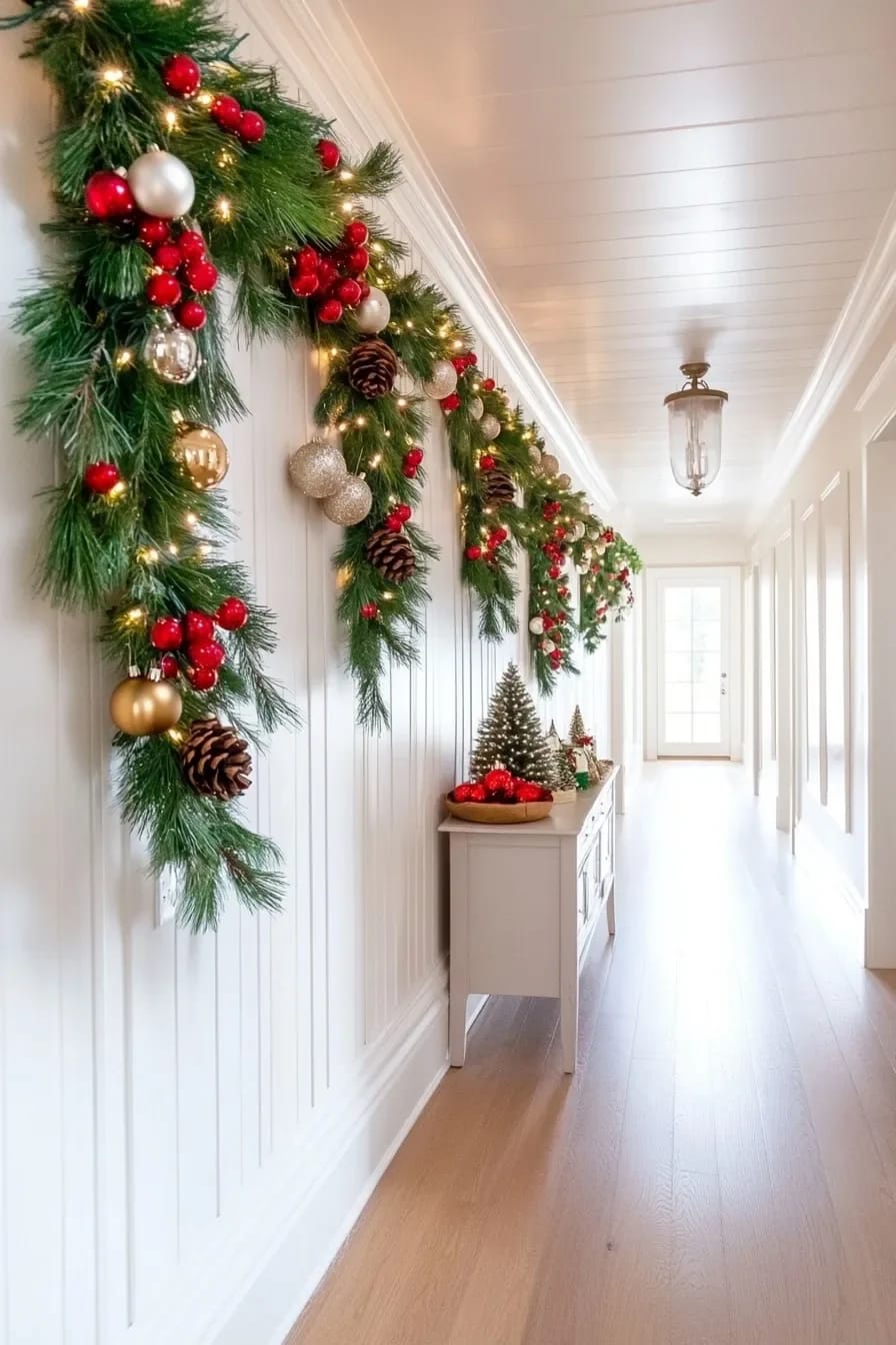 A narrow hallway decorated for Christmas with festive garland featuring pine branches, red berries, gold ornaments, pine cones, and string lights along the wall near the ceiling, complementing the article topic of Christmas hallway ceiling decor ideas for low ceilings.
