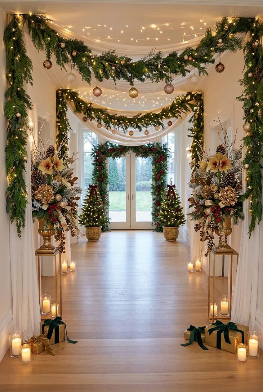 A narrow hallway decorated for Christmas with garlands, string lights, and ornaments elegantly draped across the ceiling, showcasing an idea for treating the ceiling as a festive surface in narrow halls and low ceilings.
