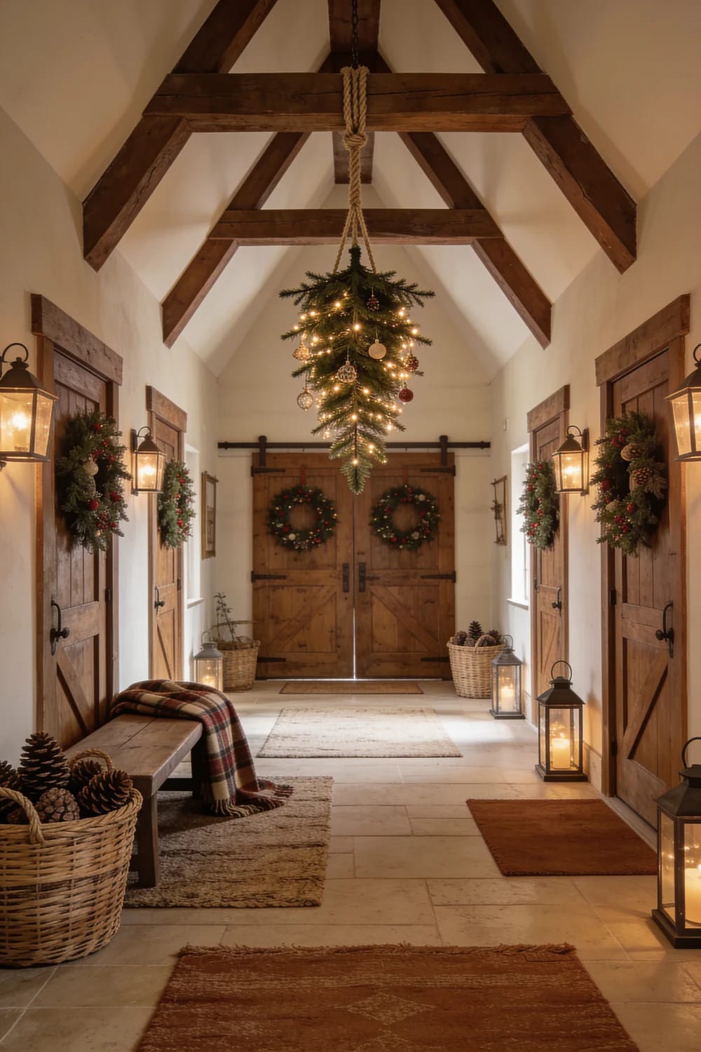 Christmas Hallway Ceiling Decor Ideas for Narrow Halls and Low Ceilings 6 A rustic hallway decorated for Christmas with an upside-down Christmas tree hanging from the ceiling, adorned with lights and ornaments, and wreaths on wooden doors, illustrating creative holiday decor ideas for narrow halls and ceiling spaces.