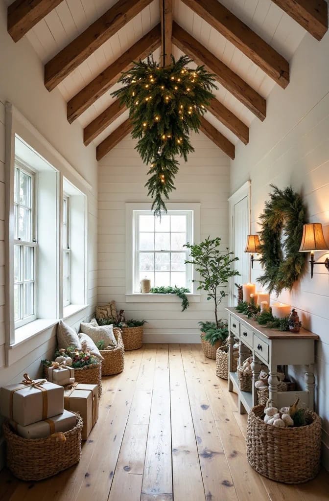 Christmas Hallway Ceiling Decor Ideas for Narrow Halls and Low Ceilings 8 A narrow hallway with a vaulted ceiling decorated for Christmas, featuring a large hanging evergreen arrangement with lights, baskets of gifts and ornaments, a side table with candles and greenery, and a festive wreath, illustrating Christmas hallway ceiling decor ideas for narrow halls and low ceilings.