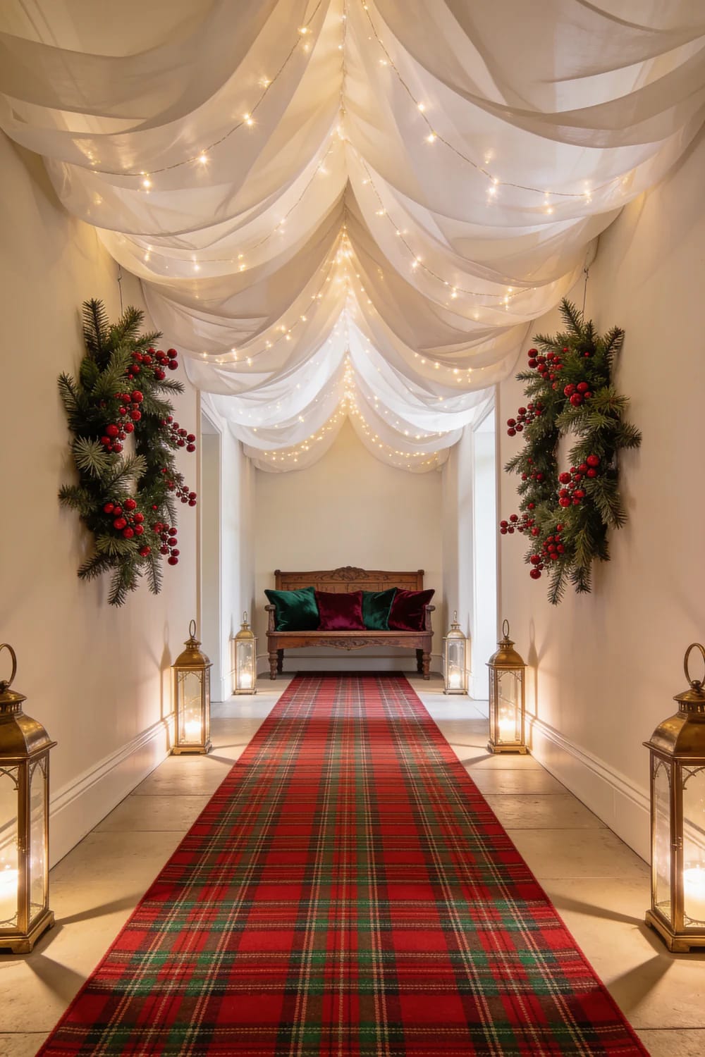 A narrow hallway decorated for Christmas with white draped fabric and string lights on the ceiling, evergreen wreaths with red berries on the walls, gold lanterns on the floor, a red tartan runner, and a wooden bench with festive pillows at the end, illustrating Christmas hallway ceiling decor ideas for low ceilings.