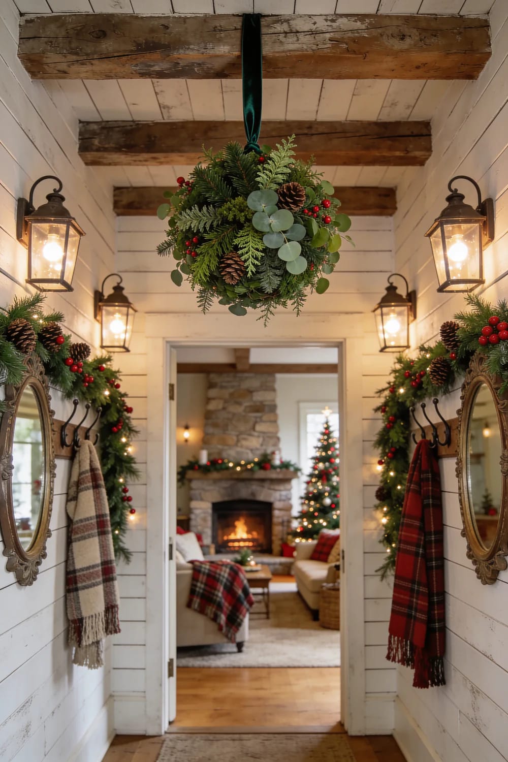 Christmas Hallway Ceiling Decor Ideas for Narrow Halls and Low Ceilings 4 A narrow hallway with low ceilings decorated for Christmas, featuring a large greenery and pinecone arrangement hanging from the ceiling, garlands with red berries and pinecones along the walls, lantern-style lights, and a view into a cozy living room with a Christmas tree and fireplace, illustrating Christmas hallway ceiling decor ideas for small spaces.