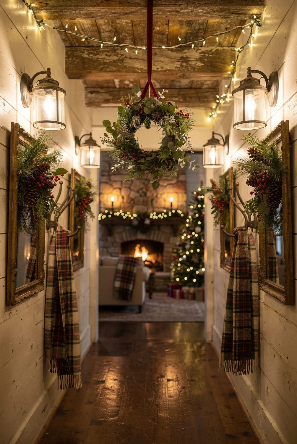 Christmas Hallway Ceiling Decor Ideas for Narrow Halls and Low Ceilings 3 A narrow hallway with low ceilings decorated for Christmas, featuring a hanging wreath from the ceiling, string lights, wall-mounted lanterns, and festive greenery with pinecones and berries on the walls, illustrating Christmas hallway ceiling decor ideas.
