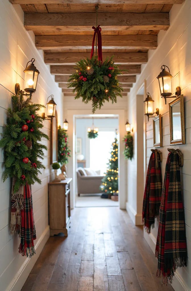 Christmas Hallway Ceiling Decor Ideas for Narrow Halls and Low Ceilings 5 A narrow hallway with wooden ceiling beams decorated for Christmas, featuring a hanging greenery arrangement with red accents suspended from the ceiling, wall-mounted greenery with red berries, plaid scarves, and wall lanterns, illustrating Christmas hallway ceiling decor ideas for narrow halls and low ceilings.
