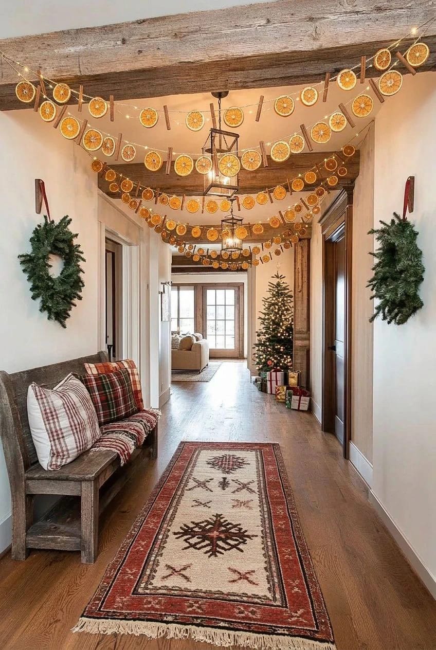 A narrow hallway decorated for Christmas with garlands of dried orange slices hanging from the ceiling, wreaths on the walls, a bench with plaid pillows, a festive rug, and a Christmas tree with presents at the end, illustrating ceiling decor ideas for low ceilings.