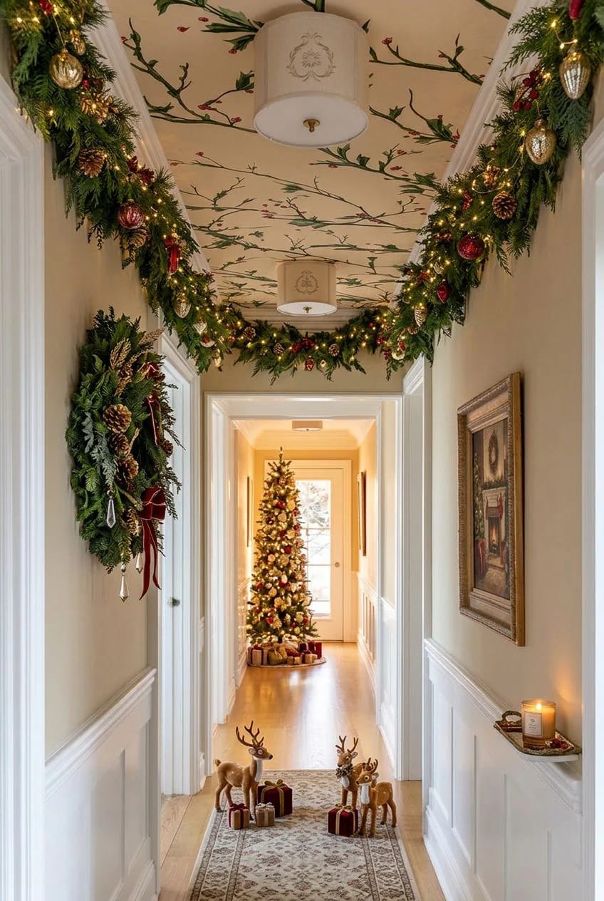Festively decorated narrow hallway with Christmas garland and ornaments along the ceiling edges, a patterned ceiling, a wreath on the wall, reindeer figurines with presents on the floor, and a Christmas tree at the end, illustrating Christmas hallway ceiling decor ideas for low ceilings.