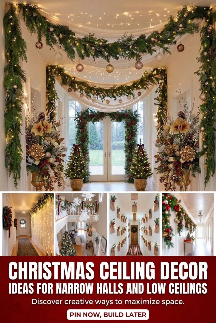 Collage of hallway ceilings decorated for Christmas with garlands, fairy lights, ornaments, hanging snowflakes, and festive greenery, illustrating creative ceiling decor ideas for narrow halls and low ceilings.