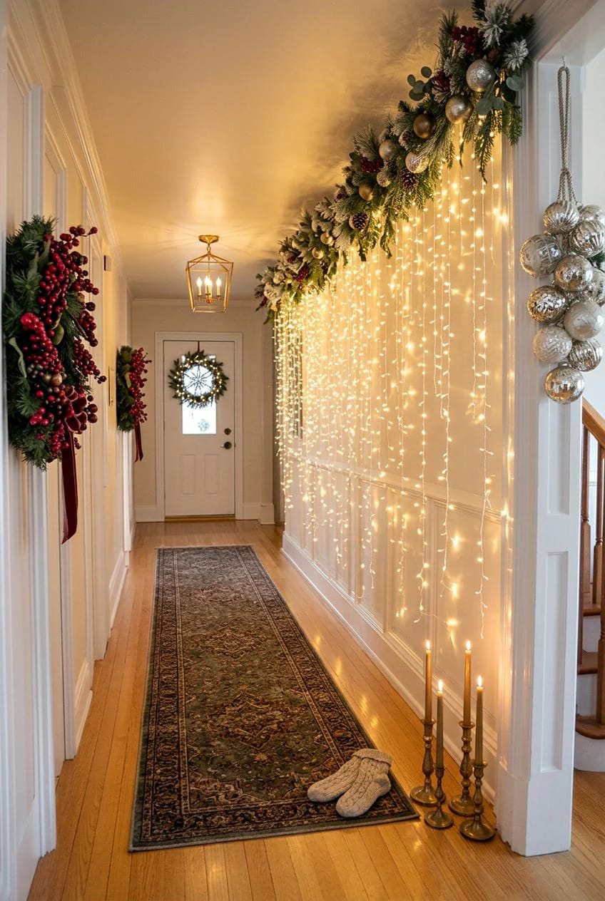 Narrow hallway decorated for Christmas with garlands, string lights hanging from the ceiling, wreaths on the walls and door, gold candlesticks on the floor, and a patterned runner rug, illustrating Christmas hallway ceiling decor ideas for low ceilings.