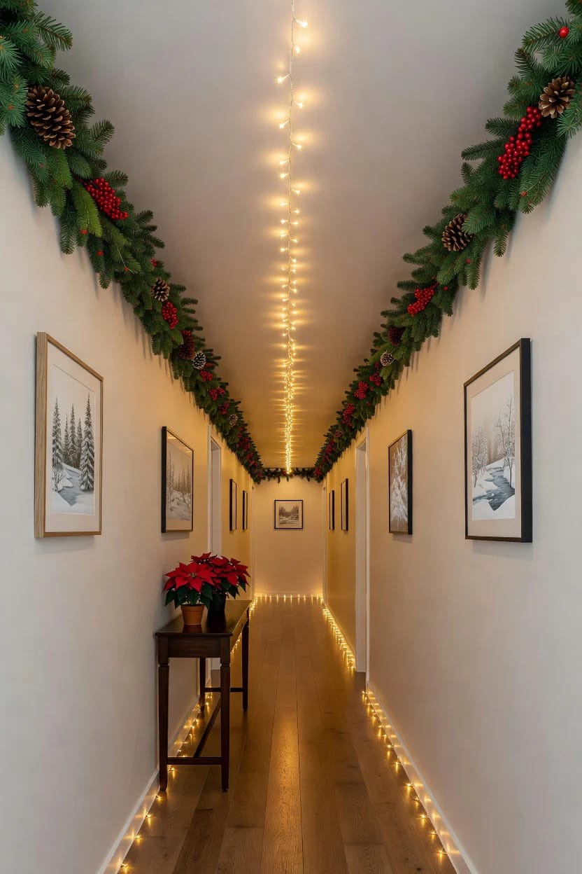 A narrow hallway decorated for Christmas with garlands of pine branches, pine cones, and red berries along the ceiling edges, warm string lights running down the center of the ceiling and the base of the walls, and framed winter artwork, illustrating Christmas hallway ceiling decor ideas for low ceilings.