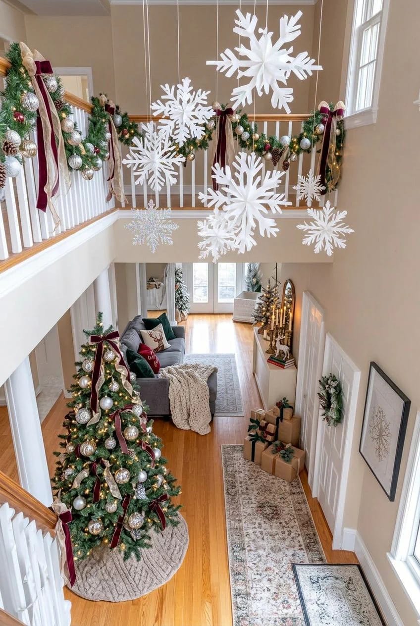 Festive hallway decorated for Christmas with large white snowflakes hanging from the ceiling, garlands with ornaments and ribbons on the railing, a decorated Christmas tree, wrapped gifts, and a cozy living space, illustrating Christmas hallway ceiling decor ideas for narrow halls and low ceilings.