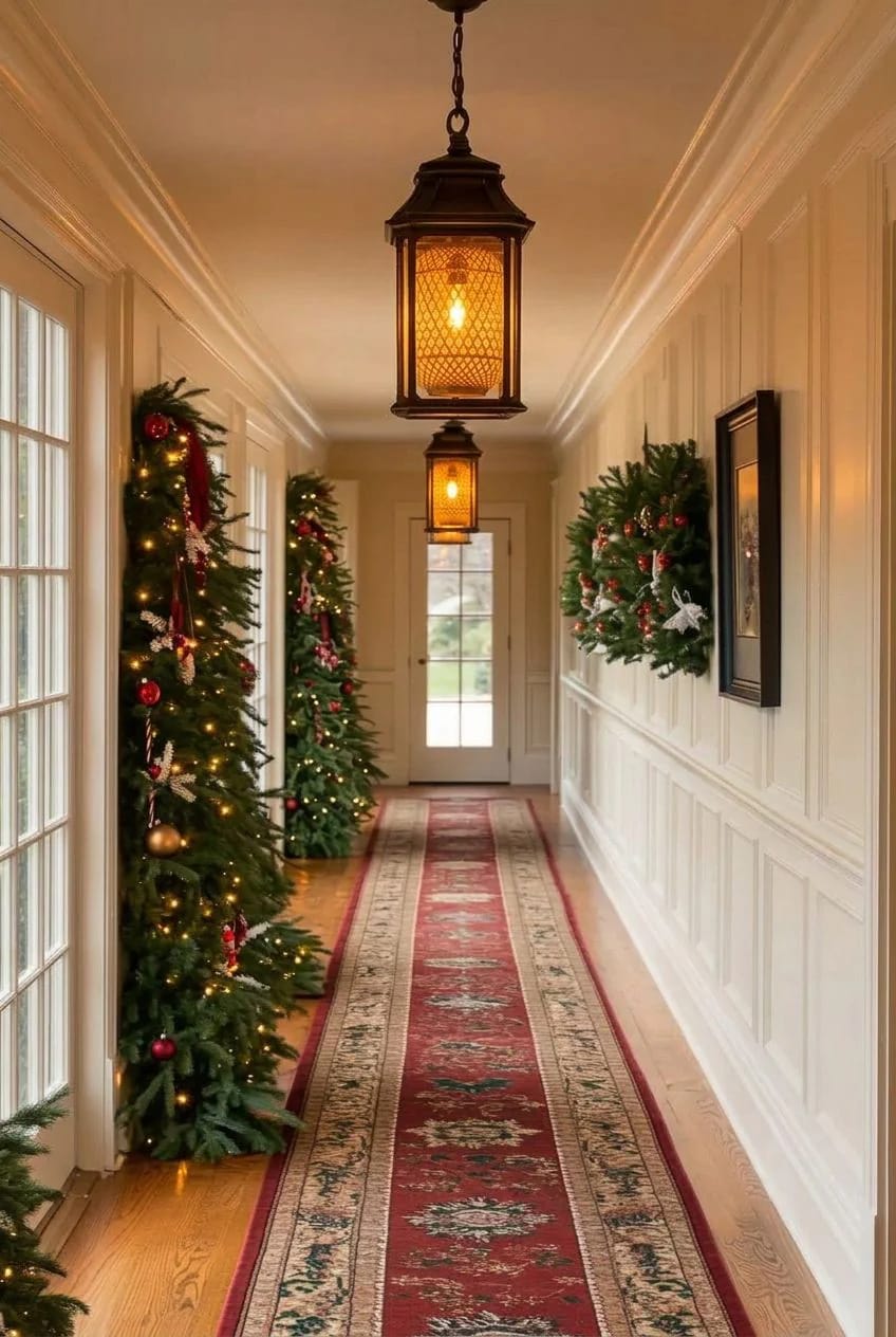 A narrow hallway with low ceilings decorated for Christmas, featuring festive wreaths on the walls, Christmas trees with lights and ornaments, a patterned red runner rug, and warm pendant ceiling lights, illustrating Christmas hallway ceiling decor ideas focused on lighting.