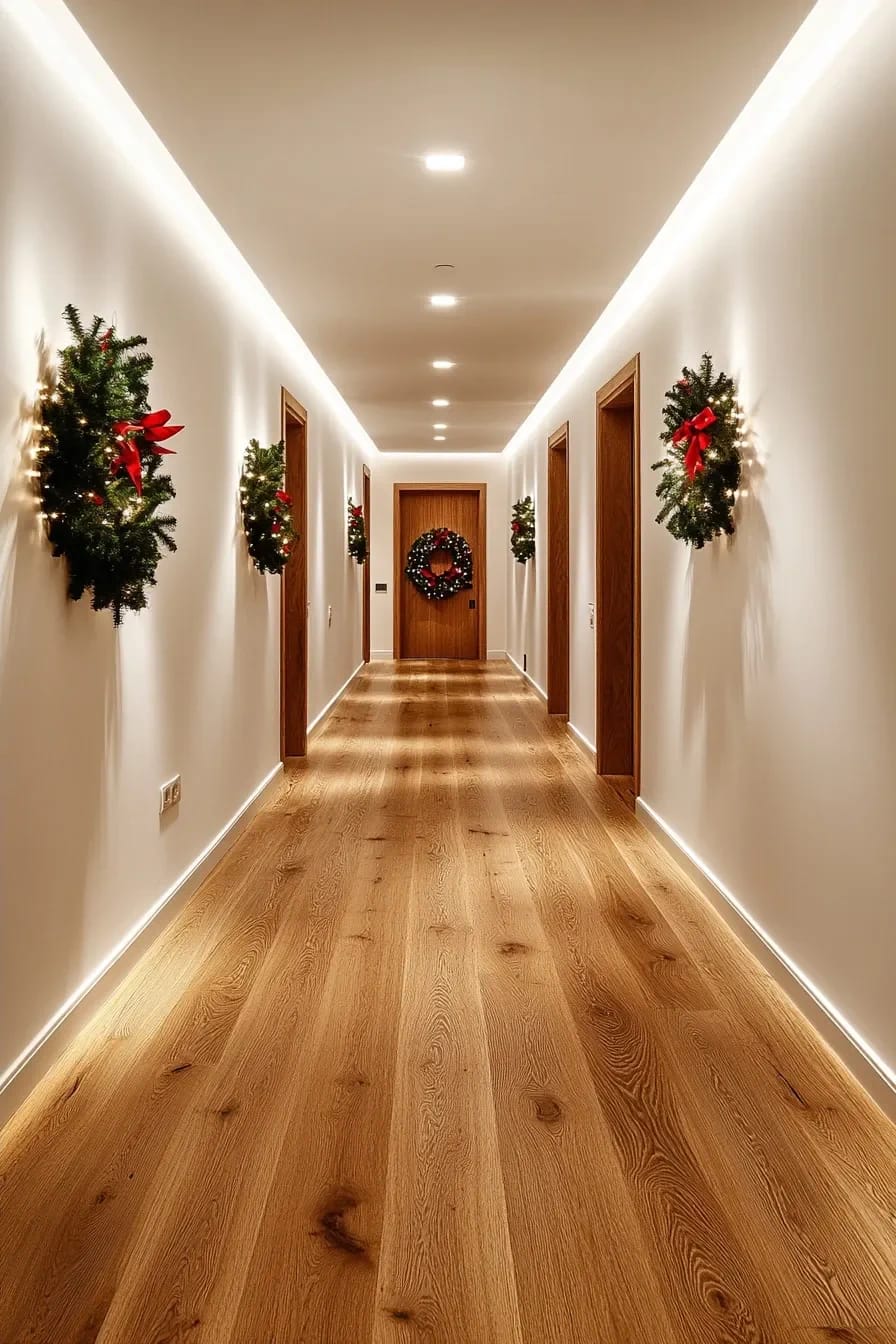 A narrow hallway with low ceilings decorated for Christmas, featuring modern ceiling lighting and illuminated holiday wreaths with red bows on the walls, illustrating Christmas hallway ceiling decor ideas focused on enhancing light.