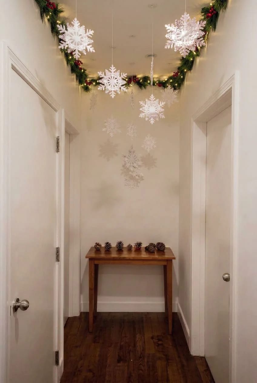 Narrow hallway decorated for Christmas with garland and lights along the ceiling edges and large white snowflake ornaments hanging down, demonstrating festive decor ideas for low ceilings.