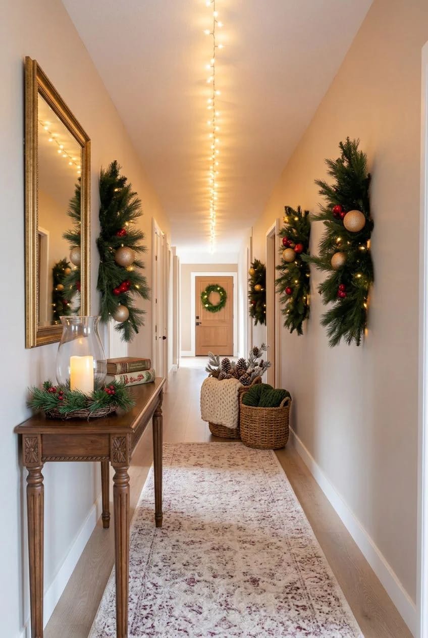 A narrow hallway decorated for Christmas with string lights running along the ceiling, festive garlands on the walls, a console table with seasonal decor, and a wreath on the front door, illustrating Christmas hallway ceiling decor ideas for narrow halls and low ceilings.