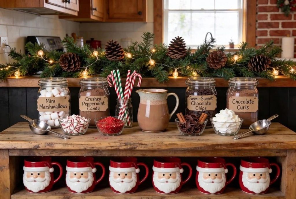 Lovely Harbor 27 Christmas hot cocoa bar decor with Santa mugs, jars of marshmallows, peppermint candy, chocolate chips, and chocolate curls, plus whipped cream, candy canes, cinnamon sticks, and warm string lights.