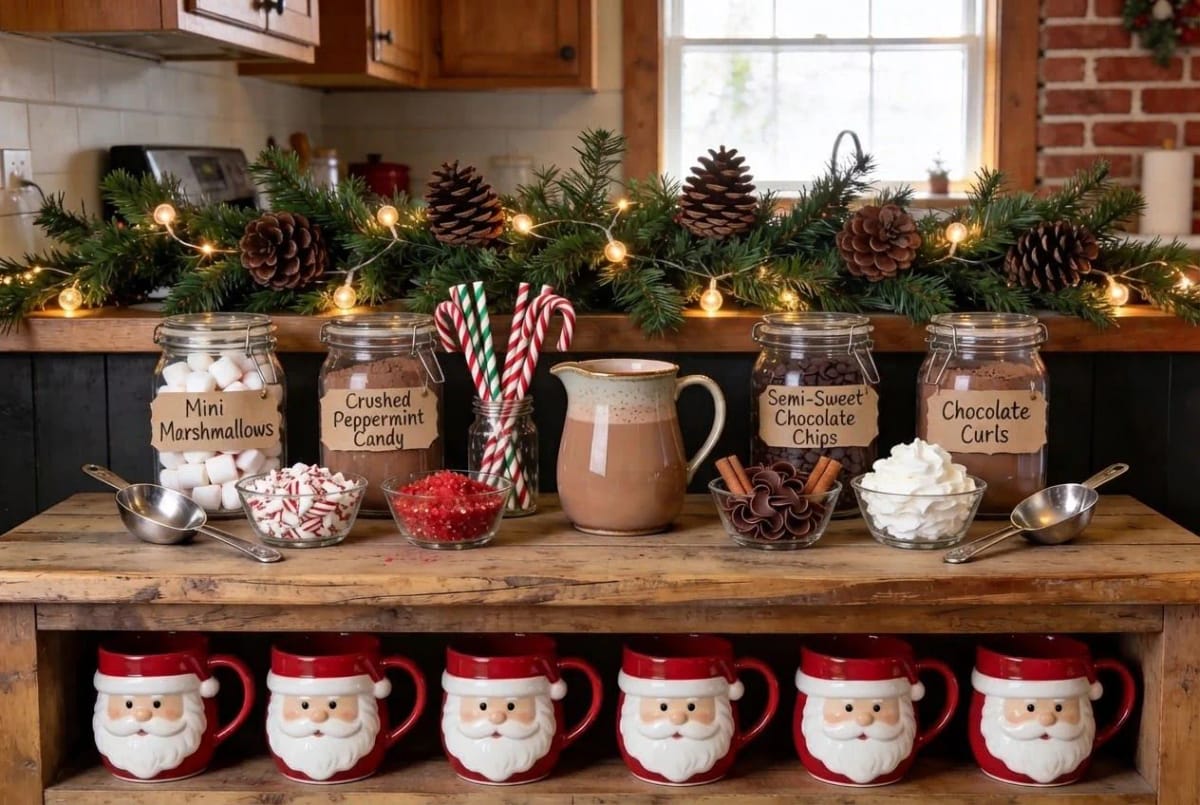 Christmas Hot Cocoa Bar Decor With Santa Mugs: 7 Setups That Stay Usable All December 1 Christmas hot cocoa bar decor with Santa mugs, jars of marshmallows, peppermint candy, chocolate chips, and chocolate curls, plus whipped cream, candy canes, cinnamon sticks, and warm string lights.
