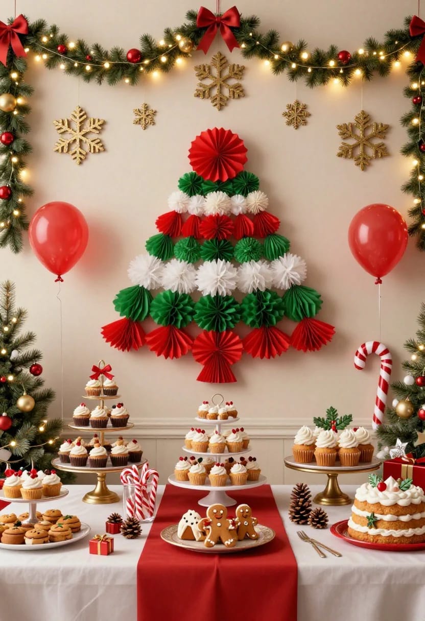 Christmas Party Dessert Table and Buffet Decorating Ideas That Survive the First Twenty Minutes 10 Festive Christmas party dessert buffet table with cupcakes, cookies, gingerbread men, and a cake, set in front of a decorated wall featuring a paper Christmas tree, garlands with lights, gold snowflakes, red bows, and holiday balloons, illustrating creative Christmas party dessert table and buffet decorating ideas.