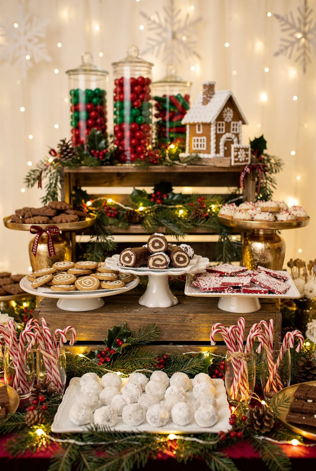 Christmas Party Dessert Table and Buffet Decorating Ideas That Survive the First Twenty Minutes 6 A festive Christmas party dessert table arranged at three heights, featuring assorted holiday cookies, candy canes, powdered sugar treats, chocolate swirls, a gingerbread house, and glass jars of red and green candies, all decorated with evergreen branches, holly, pinecones, and string lights.