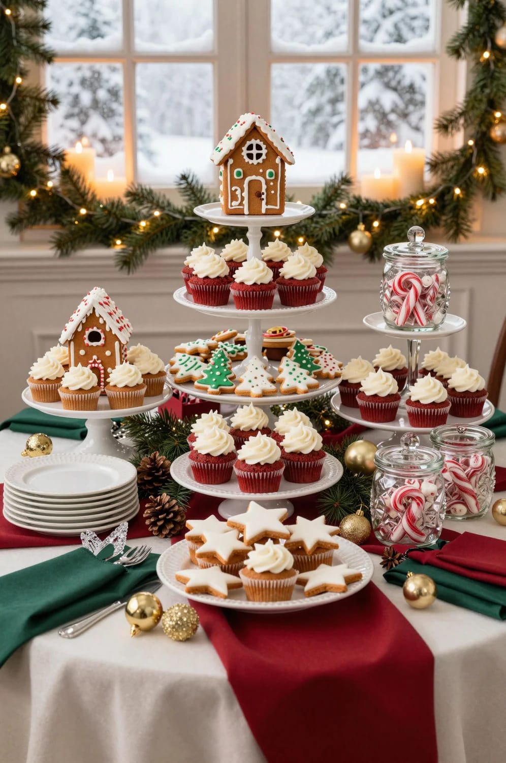A festive Christmas party dessert table decorated in three heights with gingerbread houses, cupcakes with white frosting, star and tree-shaped cookies, jars of candy canes, pine cones, gold ornaments, and evergreen garlands, illustrating holiday buffet decorating ideas.
