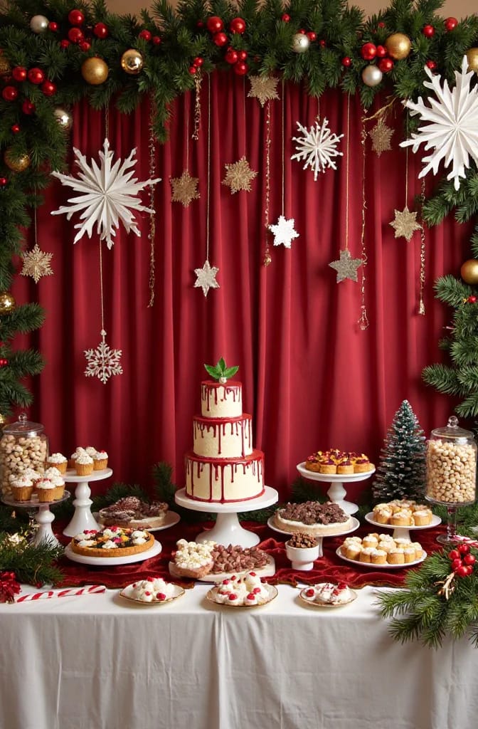 Christmas Party Dessert Table and Buffet Decorating Ideas That Survive the First Twenty Minutes 8 A festive Christmas party dessert buffet featuring a decorated three-tier cake, assorted pastries, cookies, and candies arranged on platters, with a red curtain backdrop adorned with hanging snowflakes, stars, garlands, and ornaments, illustrating Christmas party dessert table and buffet decorating ideas.
