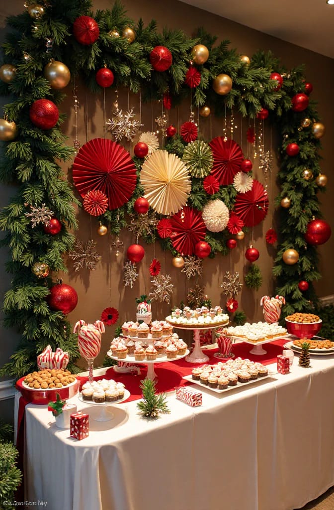 Christmas Party Dessert Table and Buffet Decorating Ideas That Survive the First Twenty Minutes 9 Christmas party dessert table with cupcakes, cookies, and treats arranged on white stands and trays, set against a festive buffet wall decorated with green garland, red and gold ornaments, paper fans, and hanging snowflakes, illustrating Christmas buffet decorating ideas.