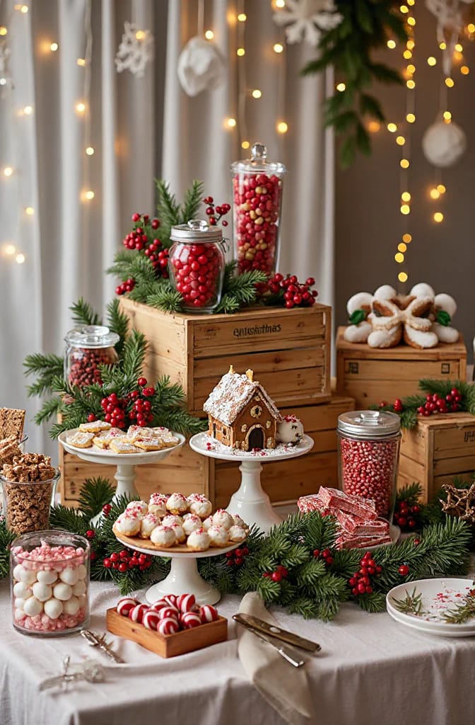 Christmas Party Dessert Table and Buffet Decorating Ideas That Survive the First Twenty Minutes 5 A Christmas party dessert table decorated with wooden crates at three heights, displaying jars of red and pink candies, a gingerbread house, assorted cookies, pastries, and peppermint candies, accented with evergreen garlands, red berries, and festive lights in the background, illustrating buffet decorating ideas.