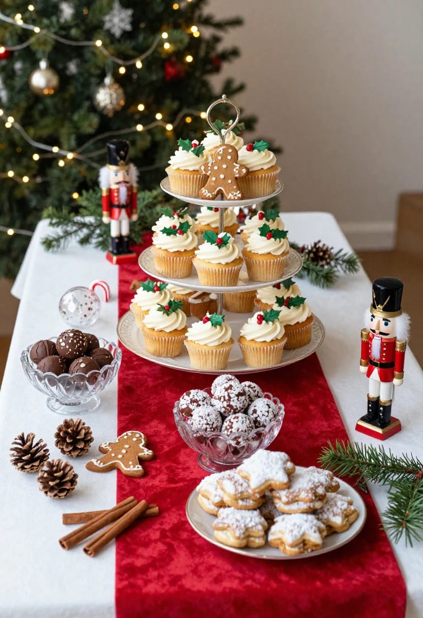 Christmas party dessert table with cupcakes, cookies, chocolate truffles, nutcracker figurines, pinecones, and holiday decorations, with a Christmas tree in the background, illustrating buffet decorating ideas for a festive gathering.