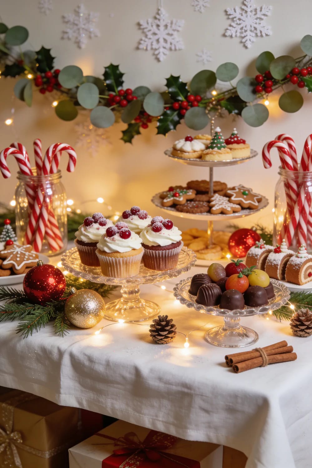 A festive Christmas party dessert table featuring cupcakes with cranberries, assorted cookies, chocolates, candy canes in jars, and yule log slices, decorated with garlands, ornaments, pinecones, cinnamon sticks, and string lights for a front-lit holiday buffet display.