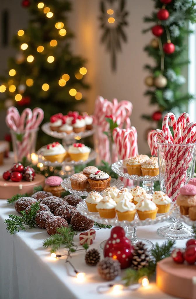 A festive Christmas party dessert table featuring cupcakes, candy canes, doughnuts, and seasonal decorations like pine cones, ornaments, and garlands, arranged with front lighting to enhance the buffet display.