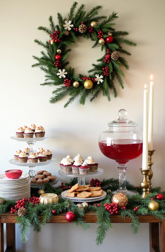 A festive Christmas party dessert table on a four-foot console, decorated with evergreen garland, ornaments, candles, cupcakes, cookies, pastries, a large glass drink dispenser, and a holiday wreath on the wall above.