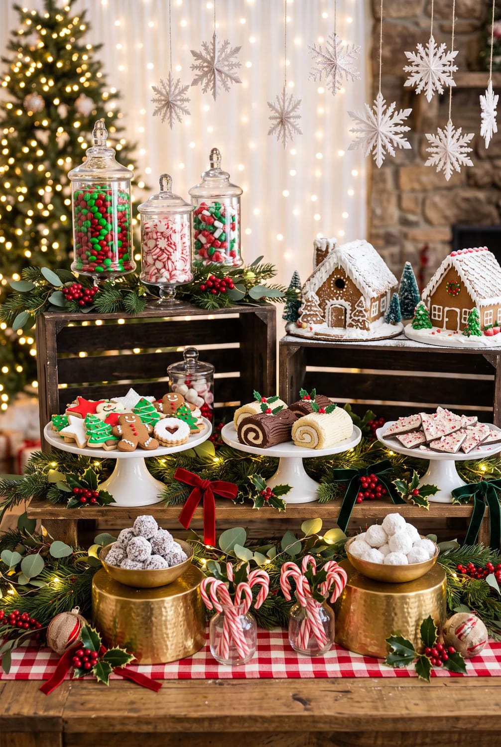 Christmas Party Dessert Table and Buffet Decorating Ideas That Survive the First Twenty Minutes 3 A Christmas party dessert table decorated in three heights with gingerbread houses, assorted holiday cookies, candy jars, yule log cakes, and festive greenery, set against a backdrop of twinkle lights and a Christmas tree, illustrating Christmas party dessert table and buffet decorating ideas.