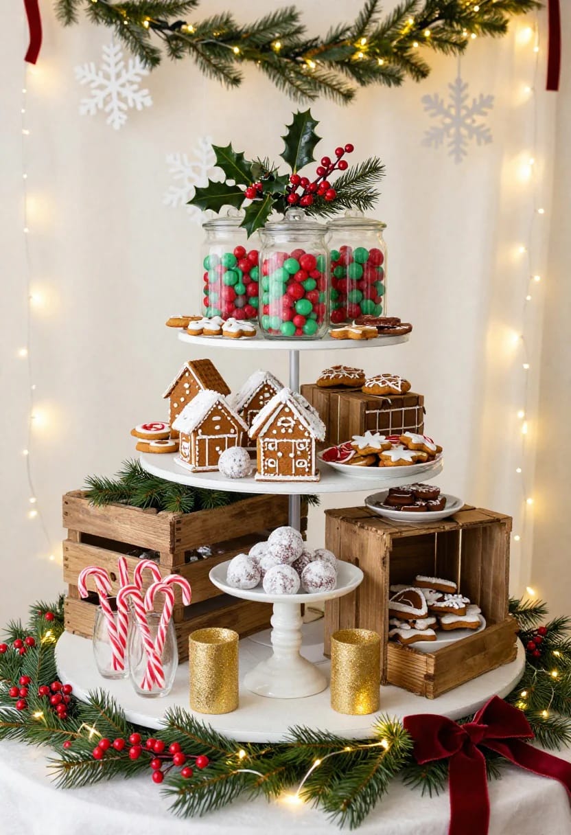Christmas Party Dessert Table and Buffet Decorating Ideas That Survive the First Twenty Minutes 4 A festive Christmas party dessert table decorated in three heights with tiered trays, gingerbread houses, assorted cookies, jars of red and green candies, candy canes, wooden crates, gold candle holders, and holiday greenery, perfect for buffet decorating ideas.