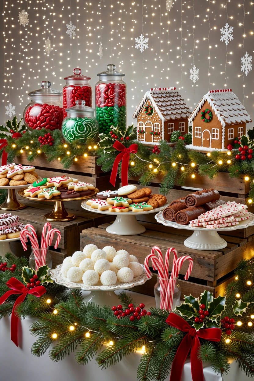 Christmas Party Dessert Table and Buffet Decorating Ideas That Survive the First Twenty Minutes 7 Festive Christmas dessert buffet table decorated in three heights with gingerbread houses, jars of red and green candies, cookies on cake stands, candy canes, and holiday greenery with red bows and string lights, illustrating party dessert table decorating ideas.