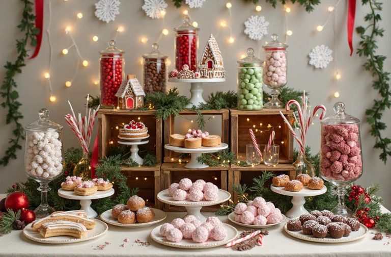 Festive Christmas party dessert table decorated with assorted sweets, candy jars, gingerbread houses, cake stands, candy canes, evergreen garlands, red ornaments, and string lights, showcasing creative buffet decorating ideas for the holiday season.